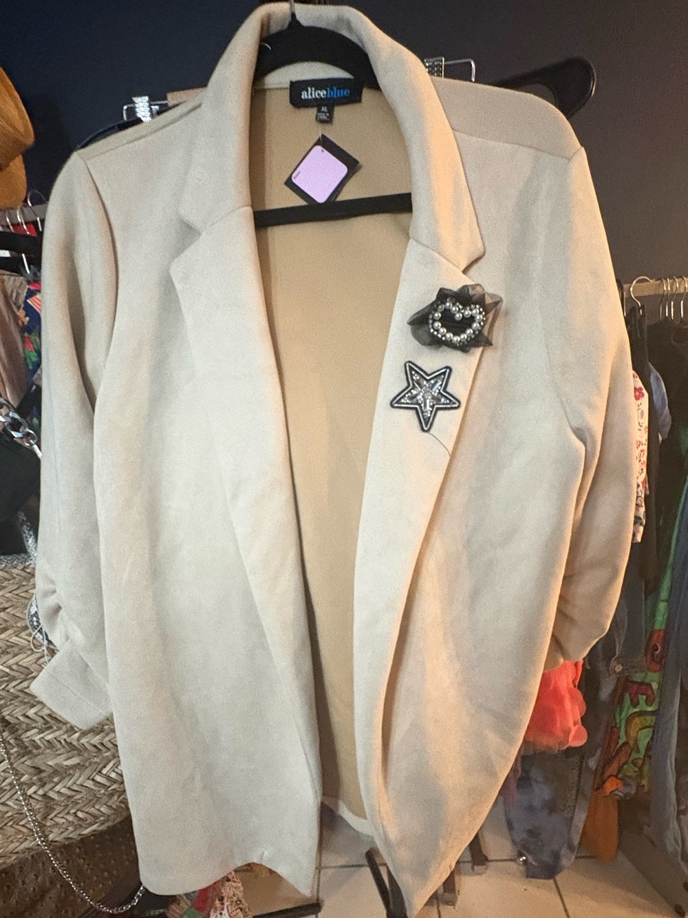 Alice Blue Suede Open-Front Blazer with Decorative Pins. Size XL.